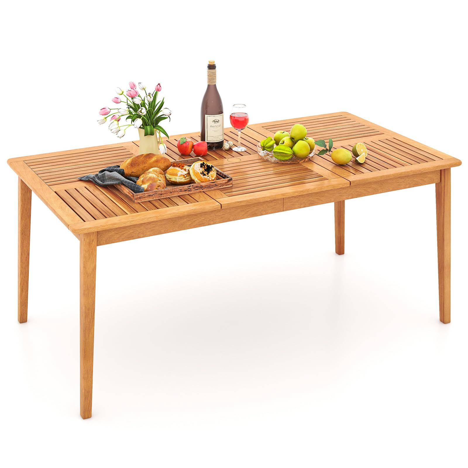 Table de salle à manger d'extérieur Tangkula pour 6 personnes en bois d'acacia, table de bistro rectangulaire de 170 x 89 cm avec trou pour parasol de 5 cm